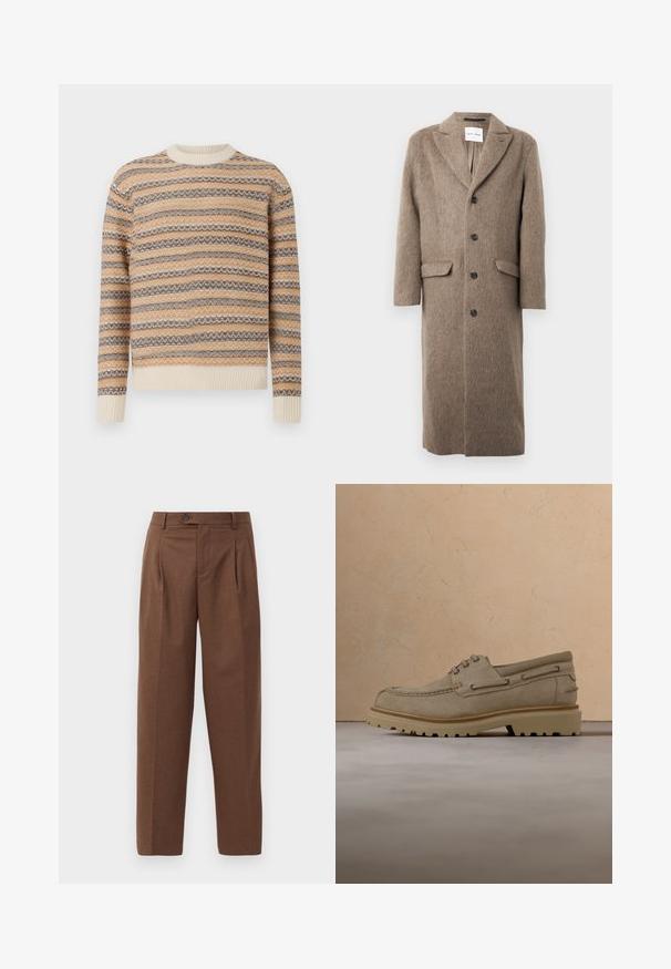 Langer brauner Wollmantel mit Reverskragen, vier schwarzen Knöpfen und zwei vorderen aufgesetzten Taschen, vor einem weißen Hintergrund aufgehängt.; Gestrickter Pullover in Beige, Braun und Creme mit Zickzackstreifenmuster. Verfügt über einen Rundhalsausschnitt sowie gerippte Bündchen und Saum.; Braune, taillierte Hose mit geradem Schnitt, sichtbaren Falten, seitlichen Taschen und einem einzigen Knopfverschluss am Bund. Glatte Textur.; Beiger Wildleder-Casual-Schnürschuh mit dicker, profilierter Sohle, schwebend über passender beiger strukturierter Oberfläche und Hintergrund dargestellt.