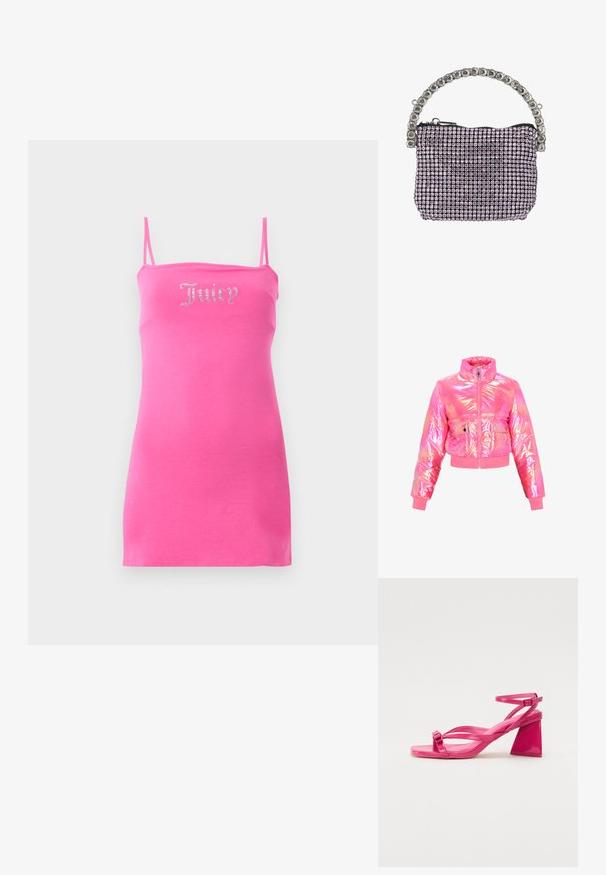 Chaqueta corta tipo puffer en material rosa brillante e iridiscente. Cuenta con cuello alto, cremallera frontal y dos bolsillos con botón a presión. Textura suave.; Vestido mini rosa sin mangas con tirantes finos y texto "Juicy" adornado en el pecho.; Sandalias de tacón de charol rosa con punta cuadrada, tiras estrechas y un tacón geométrico cuadrado. Presenta un detalle de hebilla en la tira.; Pequeño bolso de noche rectangular cubierto de pedrería morada con un asa adornada con pedrería plateada y cierre de cremallera negra.