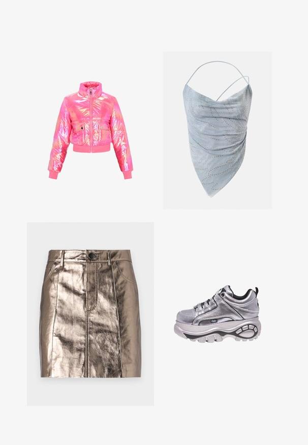 Lühendatud puhv-jackets läikivas, iiriseka roosas materjalis. Omab kõrget kaelust, esist zipperit ja kahte nupuga taskut. Sile tekstuur.; Helehall sinine asümmeetriline kaelusega top, millel on õhukesed rihmad ja kuldsete ning hõbedaste väikeste ümmarguste naelikutega laiali laotatud muster.; Metallic pronksist denim mini-seelik, millel on sirge lõige, eesmine taskud ja vöökoht, millel on nööbi sulgemine. Sile ja läikiv tekstuur.; Metallik hõbedased platvormtenniseds, millel on ümar kuju, mustad aktsendid, paks tall ja paelad, millel on tekstureeritud ülemine osa ja logode detail.