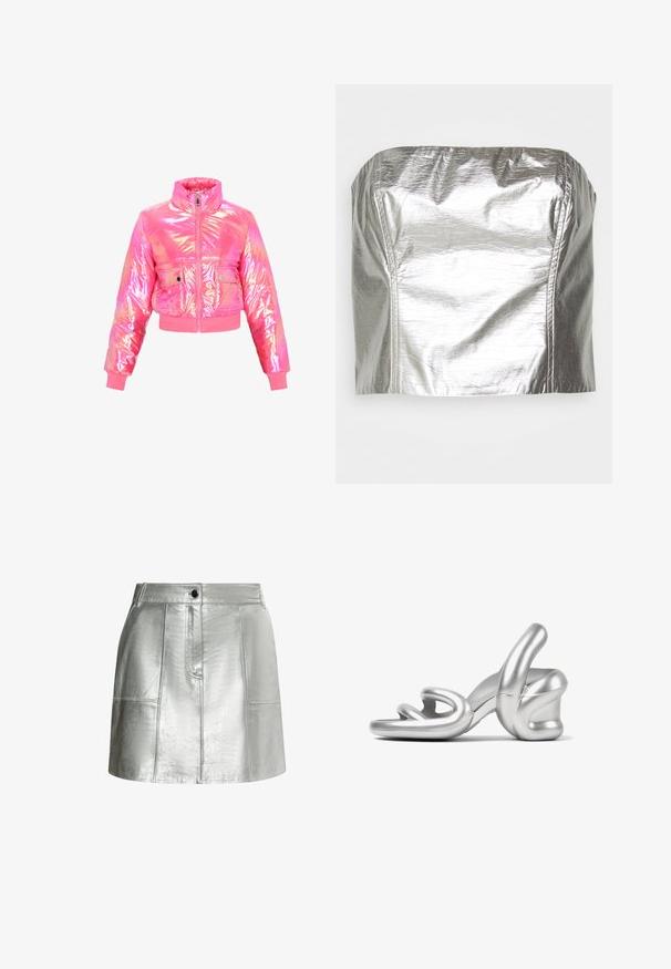 Gekürzte Pufferjacke aus glänzendem, schimmerndem pinkem Material. Verfügt über einen hohen Kragen, einen Frontreißverschluss und zwei Druckknopf-Taschen. Glatte Textur.; Gina Tricot TUBE - Top - silver-coloured; Metallisch silberner Rock mit glatter Textur, enganliegender Taille und Paneeldetails. Verfügt über einen vorderen Knopfverschluss und klare Linien.; Silberner High-Heel-Sandaletten mit einem skulpturalen Design, glatter metallischer Oberfläche und einem einzigartigen verdrehten Riemen-Detail an der Vorderseite.