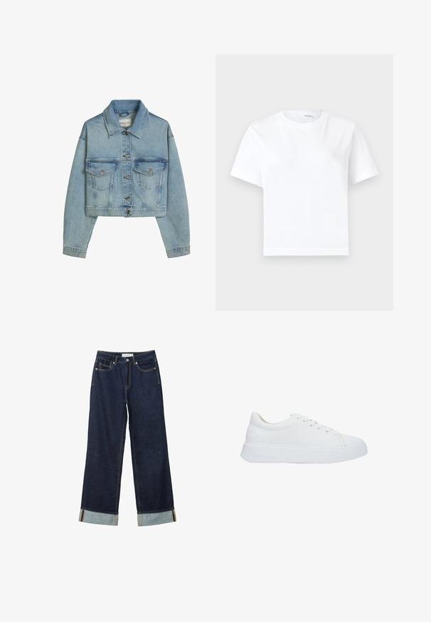 Hellblaue cropped Jeansjacke mit Metallknöpfen, zwei Brusttaschen mit Knöpfen und einem klassischen Kragen.; Einfaches weißes kurzärmeliges Baumwoll-T-Shirt mit rundem Ausschnitt und geradem Saum, dargestellt auf weißem Hintergrund.; Dunkelblaue, weit geschnittene Jeans mit hoher Taille, ausgestattet mit aufgerollten Säumen, Kontrastnähten und einem Fünf-Taschen-Design. Hergestellt aus Denim-Stoff.; Weiße Leder-Sneaker mit runder Zehenpartie, flachen Schnürsenkeln und einer dicken Gummisohle. Glatte Oberfläche mit minimalen Nähdetails.