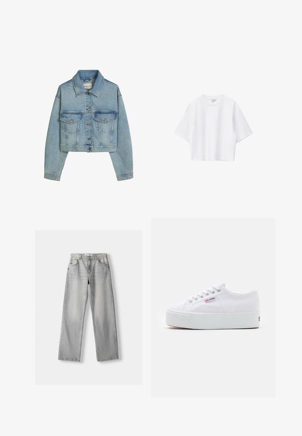 Hellblaue cropped Jeansjacke mit Metallknöpfen, zwei Brusttaschen mit Knöpfen und einem klassischen Kragen.; Weißes, kurz geschnittenes T-Shirt aus weicher Baumwolle mit Rundhalsausschnitt, kurzen Ärmeln und lockerer Passform. Einfaches und vielseitiges Design.; Helle graue Jeans aus Denim mit geradem Bein, ausgestattet mit zwei vorderen Taschen, einem Knopfverschluss und subtilen Abnutzungen für Struktur.; Weiße Leinenschuhe mit einer dicken weißen Plattformsohle, runder Zehenpartie und Metallösen für die Schnürsenkel. Markenlogo an der Seite angebracht.