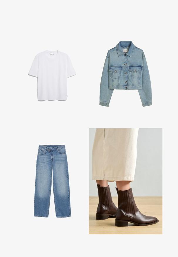 Hellblaue cropped Jeansjacke mit Metallknöpfen, zwei Brusttaschen mit Knöpfen und einem klassischen Kragen.; Weißes Baumwoll-T-Shirt mit kurzen Ärmeln, runder Halslinie und lockerer Passform. Keine sichtbaren Muster oder Logos. Glatte Textur.; Hellblaue Jeans mit weitem Bein aus Denim; verfügt über ein klassisches Fünf-Taschen-Design, einen Reißverschluss und subtile Ausbleichungen an den Knien.; Pavement SHANI - Stiefelette - brown