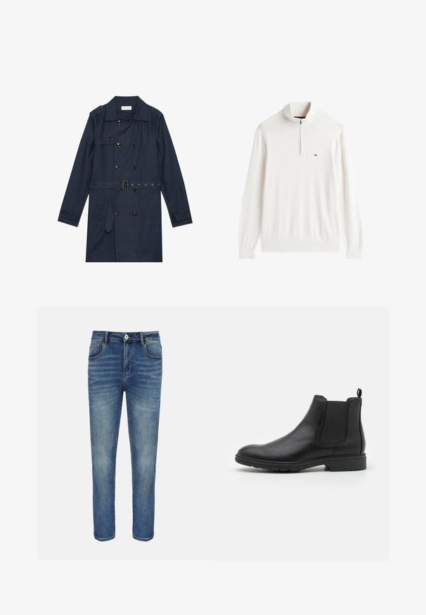 Marineblauwe trenchcoat van lichtgewicht stof, met dubbele knoopsluiting, ceintuur in de taille en twee zijzakken met flapdetail.; Witte gebreide trui met lange mouwen, een halve ritskraag en een klein geborduurd vlaglogo op de linkerborst.; Blauwe straight-leg spijkerbroek met knoop- en ritssluiting aan de voorkant, riemlussen en voor- en achterzakken.; Zwarte leren Chelsea-boot met elastische zijpanelen en een trekhaak, met een ronde neus en een gestructureerde rubberen zool.