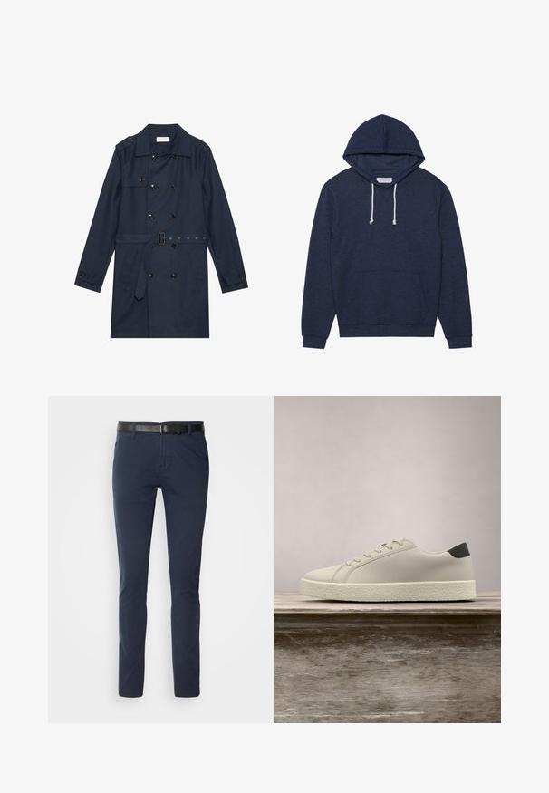 Marineblauer Trenchcoat aus leichtem Material, mit doppelter Knopfverschluss, tailliertem Gürtel und zwei seitlichen Taschen mit Klappendetail.; Marineblauer Kapuzenpullover mit Kängurutasche, weißen Kordelzügen und gerippten Bündchen. Hergestellt aus weichem, strukturiertem Material.; Marineblaue Baumwollhose im slim fit, mit einem strukturierten schwarzen Ledergürtel und klassischen Taschen. Schlichtes Design, ohne Muster.; Weißer Sneaker mit strukturierter Sohle und schwarzem Absatzdetail, schwebend über einer Holzbank mit hohem grünem Gras im Hintergrund.