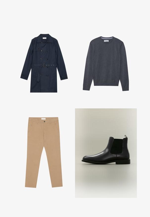 Manteau trench navy en tissu léger, présentant une fermeture à glissière double bouton, une taille ceinturée et deux poches latérales avec détail rabattu.; Pull en tricot gris avec un col rond, des manches longues et des poignets côtelés. Présente une texture subtile et une étiquette au niveau du col.; Chinos kaki en coton mélangé, dotés d'un devant plat, de deux poches latérales et d'une poche arrière unique. Tissu léger avec une texture lisse.; Botte Chelsea en cuir noir avec panneaux latéraux élastiques et languette sur un fond neutre, vue de profil latéral.
