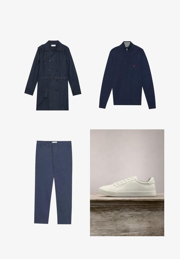 Manteau trench navy en tissu léger, présentant une fermeture à glissière double bouton, une taille ceinturée et deux poches latérales avec détail rabattu.; Pull-over en tricot bleu marine avec un col haut et une fermeture éclair quart, doté d'un col intérieur gris et d'un petit logo rouge sur la poitrine.; Chinos en coton bleu marine avec une coupe droite, deux poches avant et des détails de couture subtils, dotés d'une taille avec fermeture à bouton.; Sneaker en dentelle blanche flottant au-dessus d'un banc en bois avec un feuillage vert en arrière-plan, mettant en valeur le design et la texture de la chaussure.