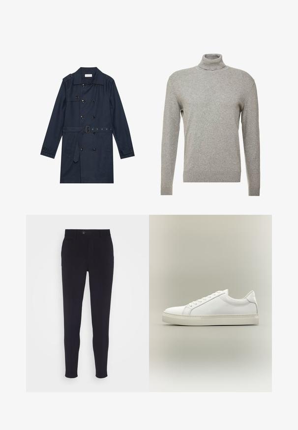 Marineblauwe trenchcoat van lichtgewicht stof, met dubbele knoopsluiting, ceintuur in de taille en twee zijzakken met flapdetail.; Grijze pullover trui met een hoge hals en lange mouwen. Gemaakt van een gladde, zachte stof met een nauwsluitend ontwerp en geribbelde accenten aan de zoom.; Marinelblauwe tailored broek met een slim fit, voorzien van een knoopsluiting, zijzakken en een gladde, licht gestructureerde stof.; Witte lage sneaker met veters aan de voorkant en dikke zool, zijaanzicht tegen een neutrale achtergrond.
