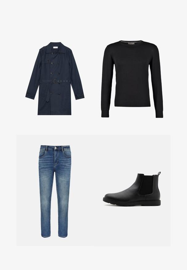 Marineblauer Trenchcoat aus leichtem Material, mit doppelter Knopfverschluss, tailliertem Gürtel und zwei seitlichen Taschen mit Klappendetail.; Schwarzer Strickpullover mit langen Ärmeln, Rundhalsausschnitt und gerippten Bündchen und Saum. Glatte Textur und taillierte Passform.; Blaue gerade geschnittene Jeans mit vorderer Knopfleiste und Reißverschluss, Gürtelschlaufen sowie Vorder- und Gesäßtaschen.; Schwarze Leder-Chelsea-Stiefel mit elastischen Seitenpaneelen, einem Zugband und einer robusten Gummisohle. Glatte Textur und elegantes Design.