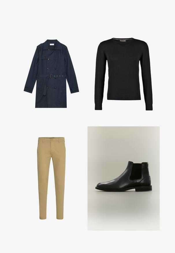 Marineblauwe trenchcoat van lichtgewicht stof, met dubbele knoopsluiting, ceintuur in de taille en twee zijzakken met flapdetail.; Zwarte gebreide trui met lange mouwen, ronde halslijn en geribde manchetten en zoom. Gladde textuur en getailleerd ontwerp.; Beige slim-fit chinos met knoop- en ritssluiting, schuine voorzakken en riemlussen, afgebeeld op een witte achtergrond.; Zwarte leren Chelsea-laars met elastisch zijpaneel en lage hak, getoond vanaf de buitenkant op een neutrale achtergrond.
