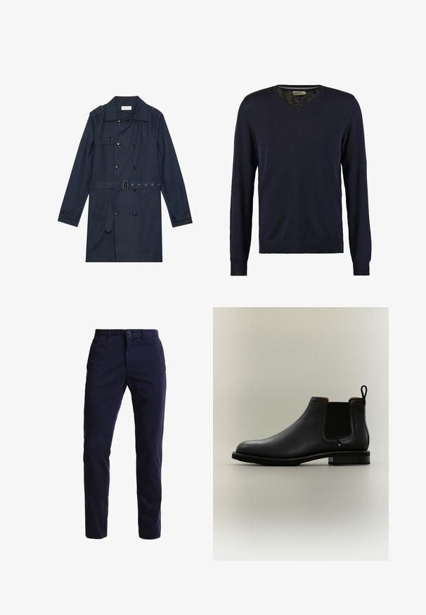 Marineblauer Trenchcoat aus leichtem Material, mit doppelter Knopfverschluss, tailliertem Gürtel und zwei seitlichen Taschen mit Klappendetail.; Marineblauer V-Ausschnitt-Pullover mit langen Ärmeln, aus weichem Strickmaterial, mit gerippten Bündchen und Saum, glatter Textur und ohne sichtbare Muster.; Marineblaue Chinohosen aus einem Baumwollmischgewebe, mit geradem Bein, Fronttaschen, einem Reißverschluss sowie einem einzelnen Knopfverschluss am Bund.; Schwarzer Chelsea-Knöchelboot aus Leder mit elastischen Seitenteilen und Lasche auf einem hellgrauen Hintergrund.