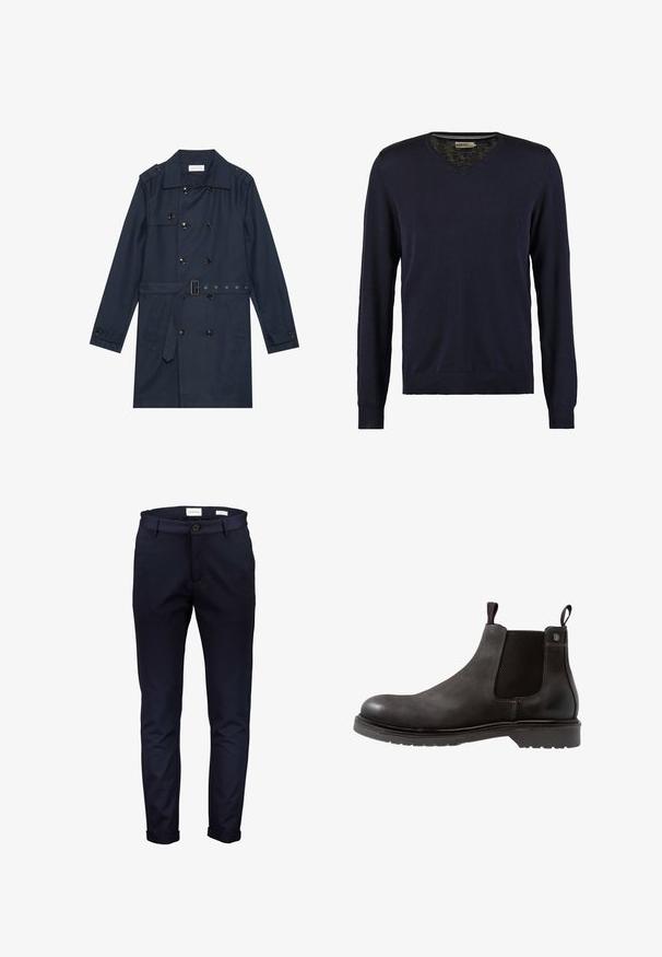 Abrigo trench de color azul marino en tejido ligero, con cierre de botones de doble pecho, cintura ceñida con cinturón y dos bolsillos laterales con detalle de solapa.; Suéter de punto azul marino con cuello en V y mangas largas, fabricado en material suave, con puños y dobladillo acanalados, textura lisa y sin patrones visibles.; Pantalones de algodón azul marino, ajuste slim, con cierre de botón y puños doblados. Textura suave sin patrones o acentos visibles.; Botín Chelsea de cuero negro con paneles laterales elásticos, superficie texturizada y suela de goma. Presenta un tirador en rojo y azul.