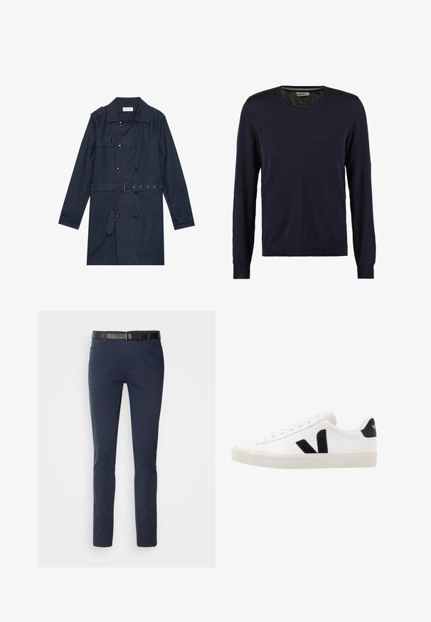 Marineblauer Trenchcoat aus leichtem Material, mit doppelter Knopfverschluss, tailliertem Gürtel und zwei seitlichen Taschen mit Klappendetail.; Marineblauer V-Ausschnitt-Pullover mit langen Ärmeln, aus weichem Strickmaterial, mit gerippten Bündchen und Saum, glatter Textur und ohne sichtbare Muster.; Marineblaue Baumwollhose im slim fit, mit einem strukturierten schwarzen Ledergürtel und klassischen Taschen. Schlichtes Design, ohne Muster.; Weiße Leder-Sneaker mit schwarzen Wildlederelementen; verfügen über eine Gummisohle, eine runde Spitze und ein klassisches Schnürdesign. Seitliches Logo in Schwarz.
