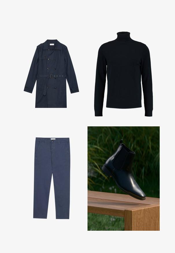 Abrigo trench de color azul marino en tejido ligero, con cierre de botones de doble pecho, cintura ceñida con cinturón y dos bolsillos laterales con detalle de solapa.; Suéter de cuello alto negro hecho de un material de punto suave, con mangas largas y un cuello acanalado y dobladillo inferior.; Chinos de algodón azul marino con corte recto, dos bolsillos frontales y un sutil detalle de costura, que cuentan con una cinturilla con cierre de botón.; Bota Chelsea de cuero negro flotando sobre un banco de madera con hierba y plantas de fondo.