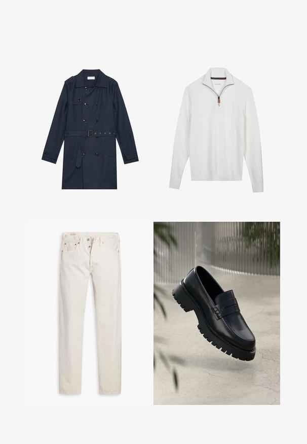 Marine trenchcoat i let stof, med dobbeltradet knaplukning, bæltestrop i livet og to sidelommer med klapdetalje.; Hvid sweater med en halv-lynlås krave, tekstureret øverste sektion, strikkemønster og ribbede manchetter og kant. Brun læder lynlåsholder detalje.; Off-white high-waisted slim-fit jeans med knaplukning, fem lommer og kobbernitter, lagt fladt på en hvid baggrund.; Sorte læder loafers med en chunky sål, der har en dekorativ rem og syninger. Glat tekstur med en poleret overflade.