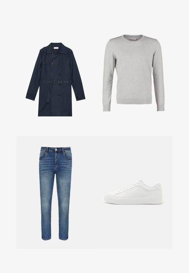 Marineblauer Trenchcoat aus leichtem Material, mit doppelter Knopfverschluss, tailliertem Gürtel und zwei seitlichen Taschen mit Klappendetail.; Grauer Pullover mit langen Ärmeln, rundem Halsausschnitt, gerippten Bündchen und Saum. Hergestellt aus einem glatten Strickmaterial mit einheitlicher Textur. Keine Muster oder Akzente.; Blaue gerade geschnittene Jeans mit vorderer Knopfleiste und Reißverschluss, Gürtelschlaufen sowie Vorder- und Gesäßtaschen.; Weiße Low-Top-Sneaker aus glattem Leder mit runder Schuhspitze, flachen Sohlen und dezentem Branding an der Seite.