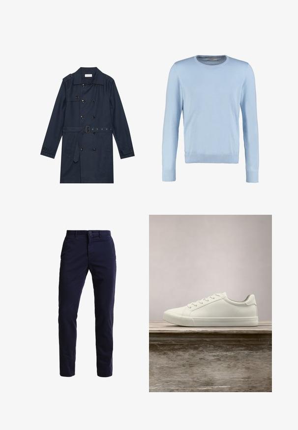 Marineblauer Trenchcoat aus leichtem Material, mit doppelter Knopfverschluss, tailliertem Gürtel und zwei seitlichen Taschen mit Klappendetail.; Helles blauer Langarm-Pullover mit Rundhalsausschnitt. Hat eine glatte Textur und gerippte Bündchen und Saum. Klassisches, körpernahes Design.; Marineblaue Chinohosen aus einem Baumwollmischgewebe, mit geradem Bein, Fronttaschen, einem Reißverschluss sowie einem einzelnen Knopfverschluss am Bund.; Weiße Schnürsneaker, die über einer Holzbank mit grünem Laub im Hintergrund schweben und das Schuhdesign sowie die Textur zeigen.