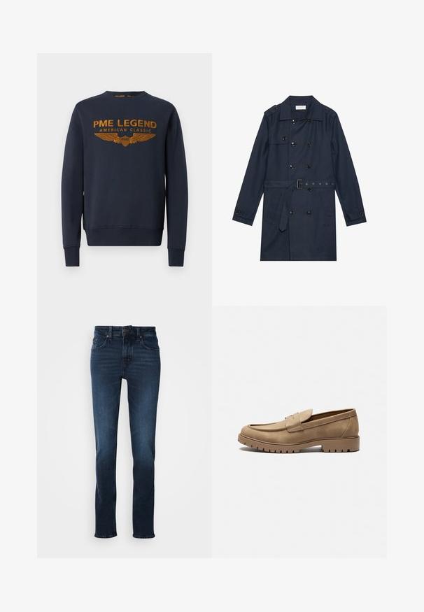 Marine trenchcoat i let stof, med dobbeltradet knaplukning, bæltestrop i livet og to sidelommer med klapdetalje.; Mørkeblå sweatshirt lavet af bomuld, med et gyldent trykt logo med vinger. Rund hals, lange ærmer, ribbede manchetter og kant.; Mørkeblå denim jeans med lige ben-design, fem-lomme stil, frontknaplukning og subtilt slid på lårene.; Tan mockasiner i ruskind med rund tå, flad gummisål og dekorative syninger på overdelen. Har et slip-on design uden snørebånd.