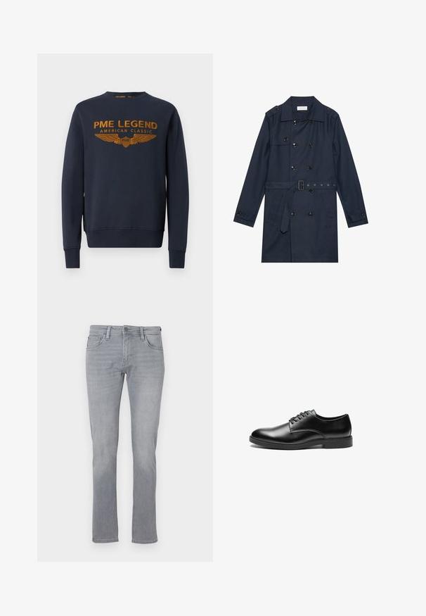 Marine trenchcoat i let stof, med dobbeltradet knaplukning, bæltestrop i livet og to sidelommer med klapdetalje.; Mørkeblå sweatshirt lavet af bomuld, med et gyldent trykt logo med vinger. Rund hals, lange ærmer, ribbede manchetter og kant.; Grå denim jeans med lige ben, der har en frontknap og lynlås lukning, fem lommer og subtil falming over det hele.; Sorte læderherresko med en glat overflade, rund tå, seks hul snøresystem og en flad gummisål.
