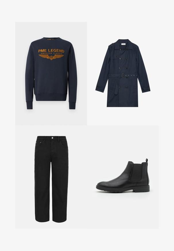 Marine trenchcoat i let stof, med dobbeltradet knaplukning, bæltestrop i livet og to sidelommer med klapdetalje.; Mørkeblå sweatshirt lavet af bomuld, med et gyldent trykt logo med vinger. Rund hals, lange ærmer, ribbede manchetter og kant.; Sorte bukser med lige ben, forrest med knap- og lynlåslukning, bæltestropper og tre forlommer på en ensfarvet lys baggrund.; Sort læder Chelsea-boot med elastiske sidepaneler og en løftestrop, der har en rund tå og en tekstureret gummisål.