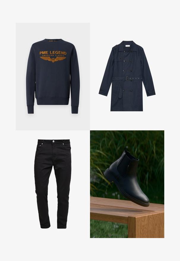 Marineblauer Trenchcoat aus leichtem Material, mit doppelter Knopfverschluss, tailliertem Gürtel und zwei seitlichen Taschen mit Klappendetail.; Marineblaue Sweatshirt aus Baumwolle, mit goldenem bedrucktem Logo mit Flügeln. Rundhalsausschnitt, lange Ärmel, gerippte Bündchen und Saum.; Schwarze Jeans aus Denim-Stoff, schlanke Passform, Fünf-Taschen-Stil, Metallknopfverschluss, mit Steppnähten und einer glatten Textur.; Schwarze Lederknöchelstiefel, die über einer Holzbank mit grünem Gras und Pflanzen im verschwommenen Hintergrund schweben.