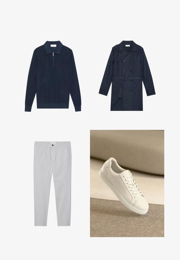 Marine trenchcoat i let stof, med dobbeltradet knaplukning, bæltestrop i livet og to sidelommer med klapdetalje.; Mørk marineblå strikket langærmet polo shirt med ribbet tekstur og en kort sølv lynlås ved kraven.; Lysegrå bukser lavet af et blødt stof, med en slim fit, to forlommer, en knaplukning og en subtil teksturdetalje.; Hvide lædersneakers med hvide snørebånd, præsenteret på en beige tekstureret overflade og med en blødt uskarp baggrund.