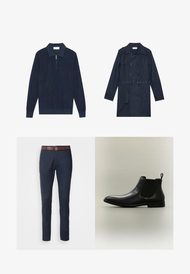 Marine trenchcoat i let stof, med dobbeltradet knaplukning, bæltestrop i livet og to sidelommer med klapdetalje.; Mørk marineblå strikket langærmet polo shirt med ribbet tekstur og en kort sølv lynlås ved kraven.; Marineblå bomuldsbukser med slim fit, udstyret med et brunt læderbælte, fire lommer og en glat tekstur. Minimalistisk design uden mønstre.; Sort læder Chelsea-støvle med elastiske sidepaneler, trækstrop ved hælen, lav stakket hæl og spids tå på neutral baggrund.