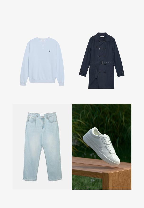 Marineblauwe trenchcoat van lichtgewicht stof, met dubbele knoopsluiting, ceintuur in de taille en twee zijzakken met flapdetail.; Lichtblauwe sweatshirt van katoen met een ronde hals, geribbelde manchetten en een geborduurd zwart vogellogo op de linkerborst.; Lichtblauwe denim jeans met een relaxte fit, vijf zakken, een knoopsluiting en subtiele vervaging. De textuur is glad en licht versleten.; Witte leren sneaker met een gladde textuur, voorzien van een geperforeerd ontwerp, klassieke vetersluiting en rubberen zool, gepositioneerd boven een houten oppervlak.