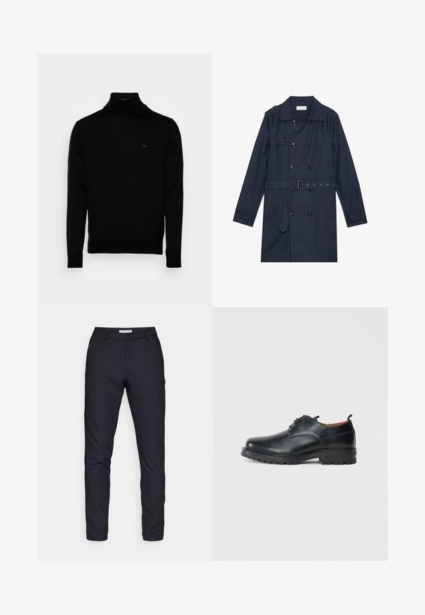Marineblauwe trenchcoat van lichtgewicht stof, met dubbele knoopsluiting, ceintuur in de taille en twee zijzakken met flapdetail.; Zwarte coltrui, geribbelde textuur, lange mouwen, figure-hugging ontwerp, subtiele Lacoste-logo op de borst, middeldikte gebreid materiaal.; Zwarte broek van solide stof, met een ritssluiting, knoopsluiting, ceintuurlussen en rechte pijpen zonder zichtbare patronen of texturen.; Zwarte leren derby schoenen met een gladde textuur, ronde neus, vetersluiting en een dikke, robuuste rubberen zool.