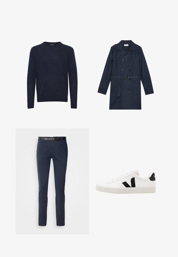 Marineblauwe trenchcoat van lichtgewicht stof, met dubbele knoopsluiting, ceintuur in de taille en twee zijzakken met flapdetail.; Donkerblauwe trui met lange mouwen en ronde hals, eenvoudig ontwerp, geen zichtbare patronen of logo’s, getoond op een witte achtergrond.; Marineblauwe katoenen broeken met een smalle pasvorm, voorzien van een gestructureerde zwarte leren riem en klassieke zakken. Schoon ontwerp, geen patronen.; Witte leren sneaker met zwarte suède accenten; voorzien van een rubberen zool, ronde neus en een klassieke vetersluiting. Zijkant met logo in het zwart.