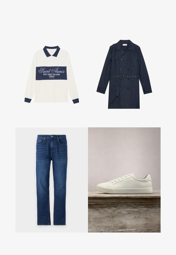 Marine trenchcoat i let stof, med dobbeltradet knaplukning, bæltestrop i livet og to sidelommer med klapdetalje.; Langærmet polo shirt, creme og marineblå, i en bomuldsblanding. Har et marineblåt bånd med hvid tekst og en klassisk krave med marineblå kant.; Pier One by Zalando Loose-jeans - dark blue denim; Hvide snørresneakers svævende over en træbænk med grønne planter i baggrunden, der fremhæver skodesign og tekstur.