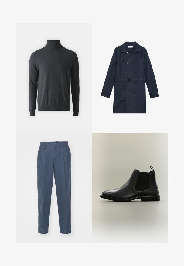 Marineblauer Trenchcoat aus leichtem Material, mit doppelter Knopfverschluss, tailliertem Gürtel und zwei seitlichen Taschen mit Klappendetail.; Dunkelgrauer Rollkragenpullover aus weichem, geripptem Strickmaterial. Verfügt über lange Ärmel und eine taillierte Passform, mit einem hohen Kragen.; Only & Sons ONSPALE NEW LOOSE PANT - Stoffhose - dark slate; Schwarzer Chelsea-Lederstiefel mit elastischem Seitenteil, Zuglasche hinten, flacher Sohle und abgerundetem Zehenbereich, gezeigt vor hellgrauem Hintergrund.