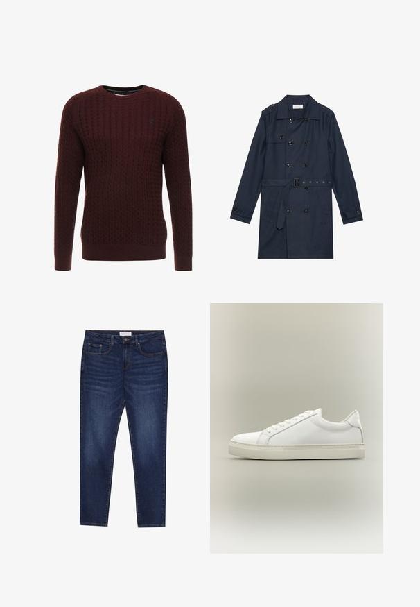 Manteau trench navy en tissu léger, présentant une fermeture à glissière double bouton, une taille ceinturée et deux poches latérales avec détail rabattu.; Pull en maille bordeaux avec un motif texturé, col rond et manches longues. Présente des poignets et un ourlet côtelés. Détail de logo discret.; Jean slim-fit bleu foncé avec cinq poches, fermeture à bouton et couture contrastante, étiqueté Pier One à la taille.; Baskets blanches basses à lacets sur l’avant et semelle épaisse, vues de côté sur un fond neutre.
