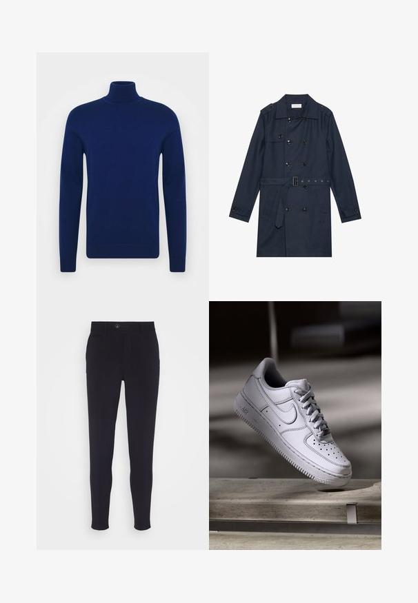 Manteau trench navy en tissu léger, présentant une fermeture à glissière double bouton, une taille ceinturée et deux poches latérales avec détail rabattu.; Pull en col roulé bleu marine en tissu tricoté lisse. Manches longues et design ajusté avec des accents côtelés au col et à l'ourlet.; Pantalons ajustés bleu marine sur mesure, avec une coupe slim, dotés d'une fermeture à bouton, de poches latérales et d'un tissu lisse légèrement texturé.; La basket Nike Air Force 1 en cuir blanc présente un embout perforé, des lacets plats et une semelle en caoutchouc texturée avec le logo « AIR » sur le côté.