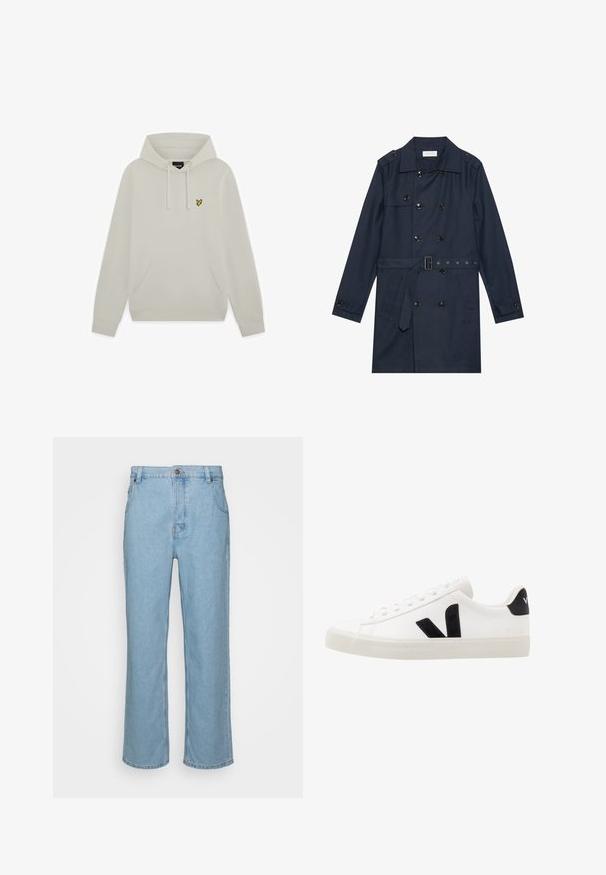 Marineblauwe trenchcoat van lichtgewicht stof, met dubbele knoopsluiting, ceintuur in de taille en twee zijzakken met flapdetail.; Lichtbeige hoodie met voorzak en klein geel vogel logo op de linkerborst.; Lichtblauwe denim jeans met een recht pijpdesign, met een knoopsluiting, riemlussen en twee voorzakken.; Witte leren sneaker met zwarte suède accenten; voorzien van een rubberen zool, ronde neus en een klassieke vetersluiting. Zijkant met logo in het zwart.
