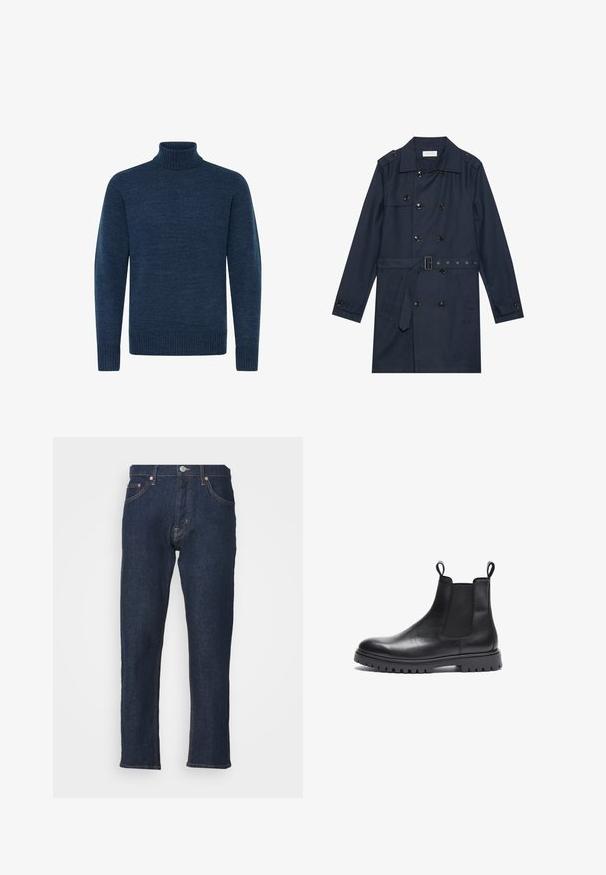 Manteau trench navy en tissu léger, présentant une fermeture à glissière double bouton, une taille ceinturée et deux poches latérales avec détail rabattu.; Pull en col roulé bleu marine en tissu texturé, avec des manches longues et des accents côtelés au col et à l'ourlet.; Jeans en denim bleu foncé avec une coupe droite, cinq poches et des coutures contrastées. Comprend une fermeture à bouton et à zip.; Bottes Chelsea en cuir noir avec une finition texturée, des panneaux latéraux élastiques et des tirants. Présente une semelle en caoutchouc épaisse avec un profil antidérapant.