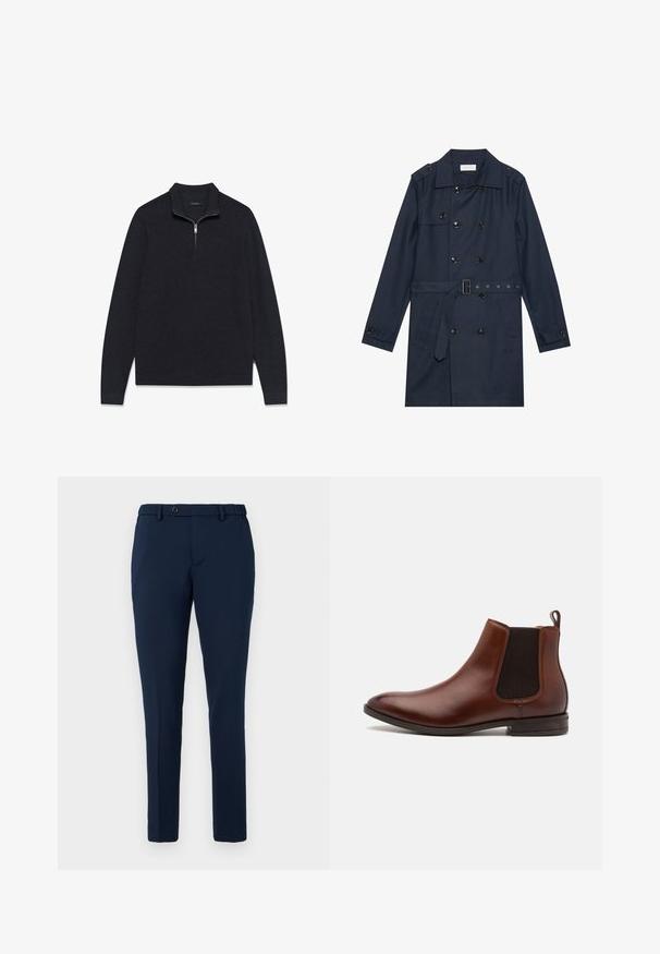 Marineblauwe trenchcoat van lichtgewicht stof, met dubbele knoopsluiting, ceintuur in de taille en twee zijzakken met flapdetail.; Donkergrijze pullover gemaakt van gestructureerde stof, met een halve ritskraag en lange mouwen, voorzien van een geribbelde zoom en manchetten.; Marineblauwe slim-fit broek met riemlussen, knoopsluiting en elastische tailleband, gepresenteerd tegen een witte achtergrond.; ALDO FRIELIA - Lage laarzen - cognac