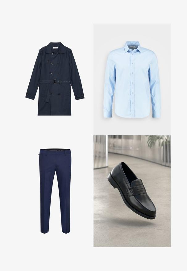 Marineblauer Trenchcoat aus leichtem Material, mit doppelter Knopfverschluss, tailliertem Gürtel und zwei seitlichen Taschen mit Klappendetail.; Helles blaues Langarm-Hemd mit Knopfleiste, aus glattem Stoff gefertigt, mit spitzem Kragen, Vorderknopfleiste und abgerundetem Saum.; Marineblaue maßgeschneiderte Hose aus einem glatten Stoff, mit schmaler Passform und flacher Vorderseite ohne sichtbare Taschen oder Verzierungen.; Schwarzer Lederloafer mit glatter Textur, spitzer Zehe und einem dekorativen Riemen über dem Rist. Leichte Sohle, minimalistisches Design.