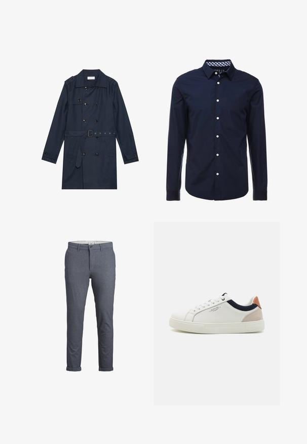 Manteau trench navy en tissu léger, présentant une fermeture à glissière double bouton, une taille ceinturée et deux poches latérales avec détail rabattu.; Chemise bleu marine à manches longues avec col boutonné, col intérieur à carreaux contrastés et boutons blancs sur le devant. Texture lisse.; Pantalons pour hommes ajustés en motif chevron bleu foncé, avec fermeture à bouton, design épuré et ourlets retournés. Réalisés en tissu léger.; Baskets en cuir blanc avec un design bas, accent en tissu bleu marine sur le col et onglet de talon en daim rose pâle. Semelle en caoutchouc.