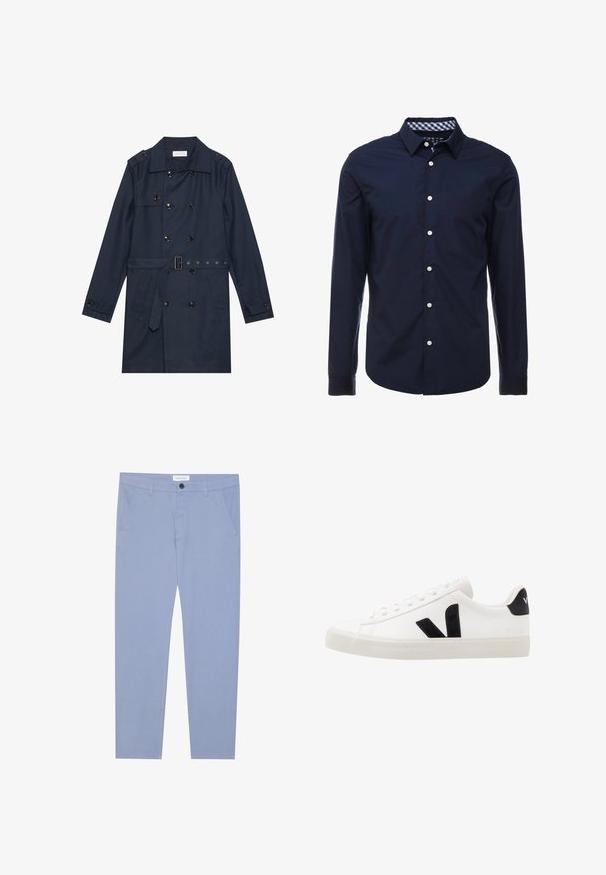 Marineblauer Trenchcoat aus leichtem Material, mit doppelter Knopfverschluss, tailliertem Gürtel und zwei seitlichen Taschen mit Klappendetail.; Marineblaue Langarmbluse mit einem Button-Down-Kragen, kontrastierendem kariertem Innenkragen und weißen Knöpfen auf der Vorderseite. Glatte Textur.; Himmelblaue Chinos aus weichem Stoff, ausgestattet mit zwei Fronttaschen und einem Knopfverschluss. Gerade geschnittenes Design mit klaren Linien.; Weiße Leder-Sneaker mit schwarzen Wildlederelementen; verfügen über eine Gummisohle, eine runde Spitze und ein klassisches Schnürdesign. Seitliches Logo in Schwarz.