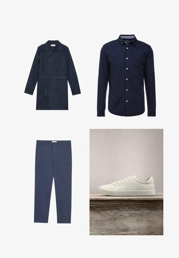 Manteau trench navy en tissu léger, présentant une fermeture à glissière double bouton, une taille ceinturée et deux poches latérales avec détail rabattu.; Chemise bleu marine à manches longues avec col boutonné, col intérieur à carreaux contrastés et boutons blancs sur le devant. Texture lisse.; Chinos en coton bleu marine avec une coupe droite, deux poches avant et des détails de couture subtils, dotés d'une taille avec fermeture à bouton.; Sneaker en dentelle blanche flottant au-dessus d'un banc en bois avec un feuillage vert en arrière-plan, mettant en valeur le design et la texture de la chaussure.
