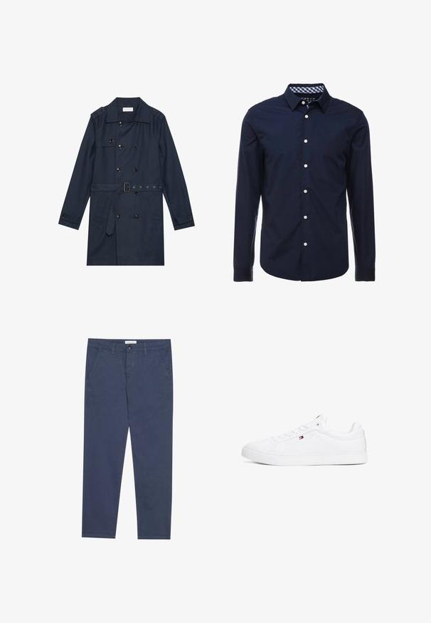 Abrigo trench de color azul marino en tejido ligero, con cierre de botones de doble pecho, cintura ceñida con cinturón y dos bolsillos laterales con detalle de solapa.; Camisa de manga larga azul marino con cuello abotonado, interior del cuello a rayas en contraste y botones blancos en el frente. Textura suave.; Chinos de algodón azul marino con corte recto, dos bolsillos frontales y un sutil detalle de costura, que cuentan con una cinturilla con cierre de botón.; Zapatillas blancas de cuero sintético con suela plana, puntera redonda y seis ojetes. Presenta un pequeño logotipo en el lateral.