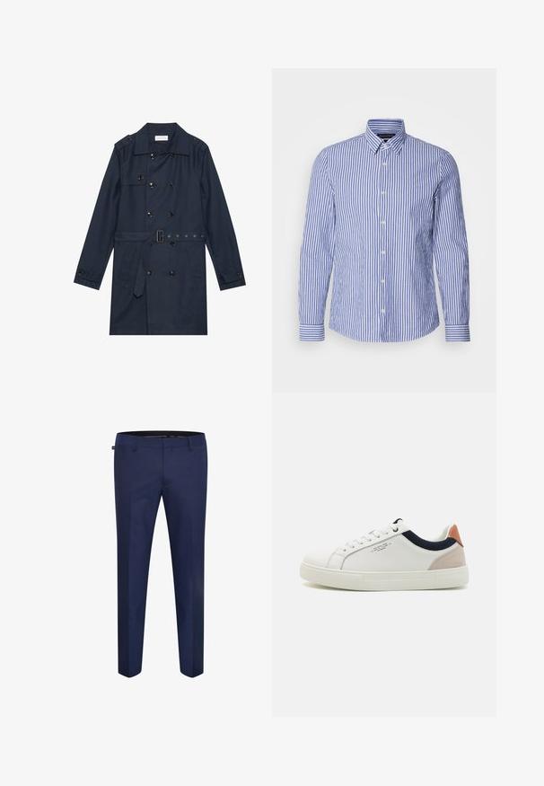 Marineblauer Trenchcoat aus leichtem Material, mit doppelter Knopfverschluss, tailliertem Gürtel und zwei seitlichen Taschen mit Klappendetail.; Blau-weiß gestreifte Langarm-Button-Up-Bluse aus gewebter Baumwolle mit klassischem Kragen und abgerundetem Saum. Mit perlenartigen Knöpfen.; Marineblaue maßgeschneiderte Hose aus einem glatten Stoff, mit schmaler Passform und flacher Vorderseite ohne sichtbare Taschen oder Verzierungen.; Weiße Leder-Sneaker mit einem Low-Top-Design, marineblauem Stoffakzent am Kragen und einem hellrosa Wildleder-Hackenteil. Gummisohle.