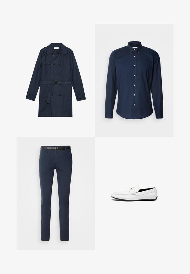Marineblauer Trenchcoat aus leichtem Material, mit doppelter Knopfverschluss, tailliertem Gürtel und zwei seitlichen Taschen mit Klappendetail.; Navyblaues Langarmhemd mit Umschlagkragen, Vorderknöpfen und abgerundetem Saum. Aus einem glatten Baumwollstoff gefertigt.; Marineblaue Baumwollhose im slim fit, mit einem strukturierten schwarzen Ledergürtel und klassischen Taschen. Schlichtes Design, ohne Muster.; Weiße Lederloafer mit glatter Oberfläche, featuring eine gestickte Akzent, eine abgerundete Zehe und eine schwarze Gummisohle für besseren Halt.