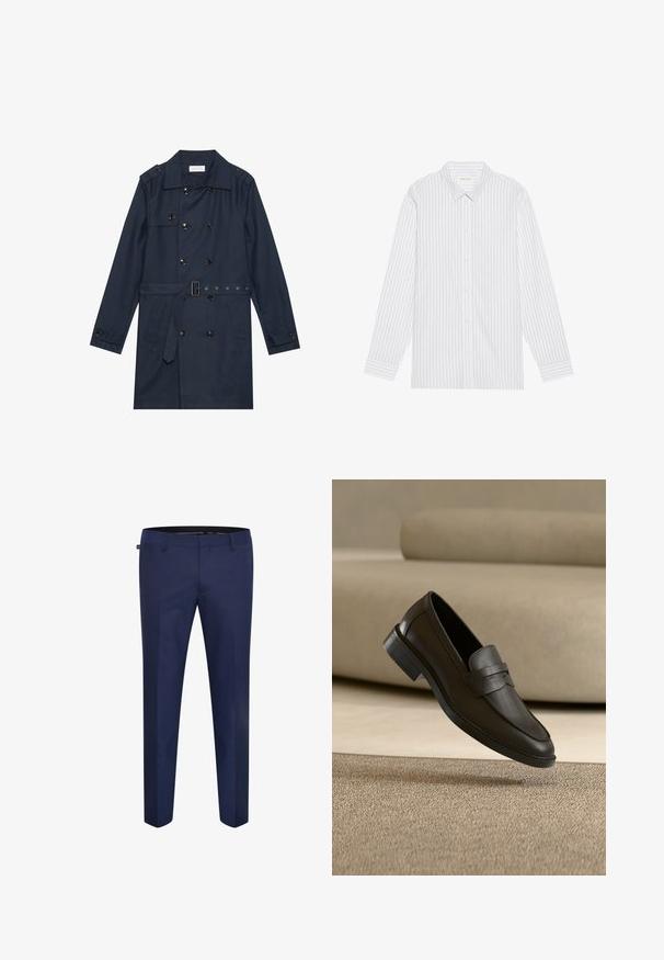 Marineblauwe trenchcoat van lichtgewicht stof, met dubbele knoopsluiting, ceintuur in de taille en twee zijzakken met flapdetail.; Witte knoopsluiting overhemd met dunne zwarte verticale strepen, voorzien van een klassieke kraag en lange mouwen met knoopmanchetten.; Marineblauwe op maat gemaakte broek van een gladde stof, met een slanke pasvorm en een vlakke voorkant zonder zichtbare zakken of versieringen.; Zwarte leren loafer die rust op een beige tapijt met een gebogen beige bank op de achtergrond.