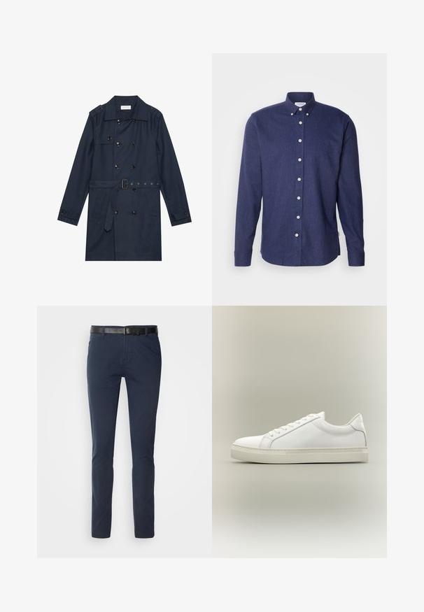 Marineblauwe trenchcoat van lichtgewicht stof, met dubbele knoopsluiting, ceintuur in de taille en twee zijzakken met flapdetail.; Lindbergh BRUSHED SHIRT - Overhemd - navy; Marineblauwe katoenen broeken met een smalle pasvorm, voorzien van een gestructureerde zwarte leren riem en klassieke zakken. Schoon ontwerp, geen patronen.; Witte lage sneaker met veters aan de voorkant en dikke zool, zijaanzicht tegen een neutrale achtergrond.