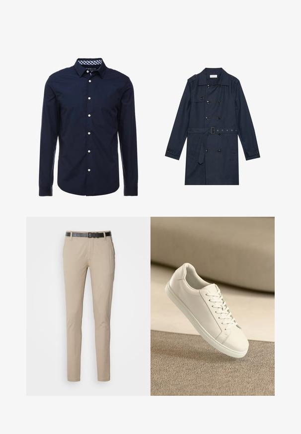 Manteau trench navy en tissu léger, présentant une fermeture à glissière double bouton, une taille ceinturée et deux poches latérales avec détail rabattu.; Chemise bleu marine à manches longues avec col boutonné, col intérieur à carreaux contrastés et boutons blancs sur le devant. Texture lisse.; Chinos beiges à coupe slim, fabriqués en tissu de coton doux. Dotés d'une ceinture noire texturée, de deux poches latérales et d'une finition lisse.; Baskets en cuir blanc avec des lacets blancs, exposées sur une surface beige texturée et avec un arrière-plan flou doux.