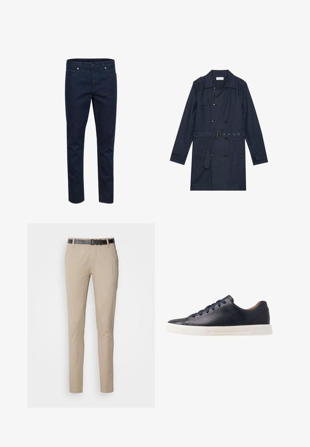 Manteau trench navy en tissu léger, présentant une fermeture à glissière double bouton, une taille ceinturée et deux poches latérales avec détail rabattu.; Jean en denim bleu foncé, coupe slim, cinq poches et fermeture par boutons, présenté sur fond blanc.; Chinos beiges à coupe slim, fabriqués en tissu de coton doux. Dotés d'une ceinture noire texturée, de deux poches latérales et d'une finition lisse.; Baskets en cuir bleu marine avec une finition lisse, semelle en caoutchouc blanc plat, bout arrondi et six lacets bleu marine passés à travers des œillets ronds.