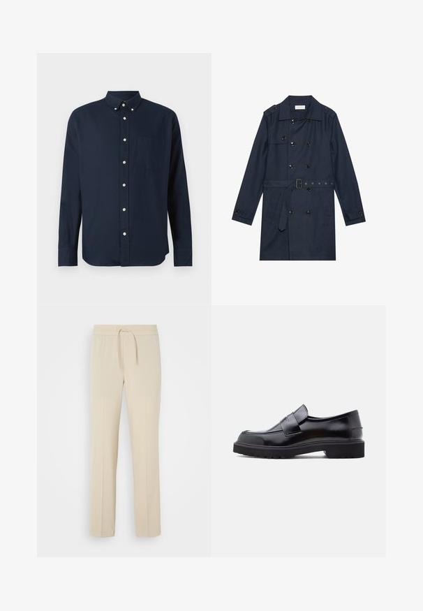 Marineblauwe trenchcoat van lichtgewicht stof, met dubbele knoopsluiting, ceintuur in de taille en twee zijzakken met flapdetail.; Marineblauw overhemd met lange mouwen, een kraag, een knoopsluiting aan de voorkant en een borstzak. Gemaakt van een zachte stof.; Beige, elastische broek met een trekkoord in de taille. Heeft rechte pijpen en een zachte textuur, geschikt voor casual wear of loungen.; Zwarte leren instapschoen met een strak ontwerp, ronde neus en een dikke, gestructureerde rubberen zool. Heeft een decoratieve band over de voorkant.