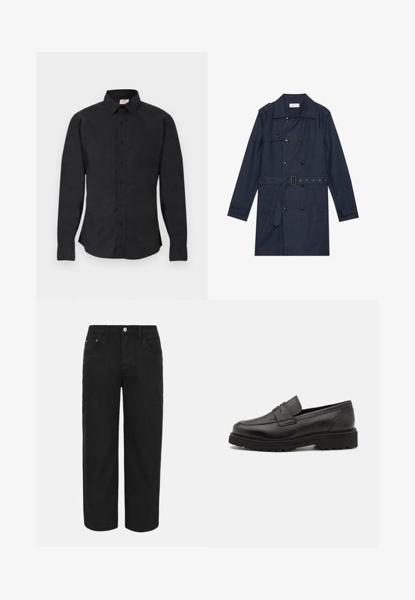 Marineblauwe trenchcoat van lichtgewicht stof, met dubbele knoopsluiting, ceintuur in de taille en twee zijzakken met flapdetail.; Zwarte blouse met lange mouwen, knoopsluiting, kraag, knoopmanchetten en een klein logo aan de linkerkant van de borst, tentoongesteld op een vlakke ondergrond.; Zwarte rechte broek met knoop- en ritssluiting aan de voorkant, riemlussen en drie voorzakken op een effen lichte achtergrond.; Zwarte leren loafers met een ronde neus, gestikte details en een dikke, gestructureerde zool. Heeft een strak, minimalistisch ontwerp.